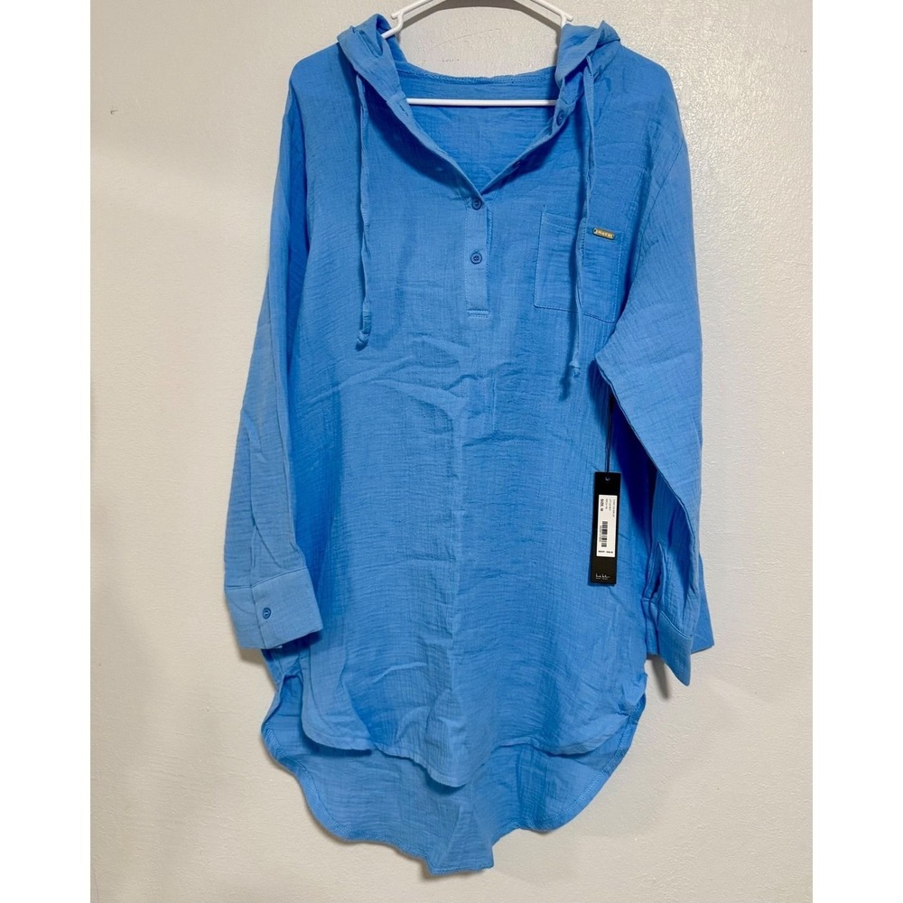 Nicole Miller Tunic Cover-Up Womens M Blue NEW Little Boy Gauze Hooded NMCU192